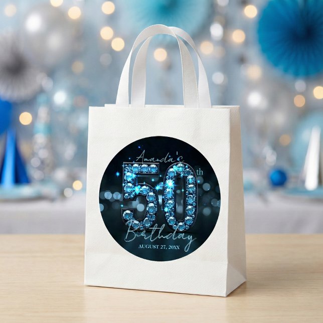 Pegatina Redonda Teal Blue Diamonds & Black Glamorous 50th Birthday (Subido por el creador)