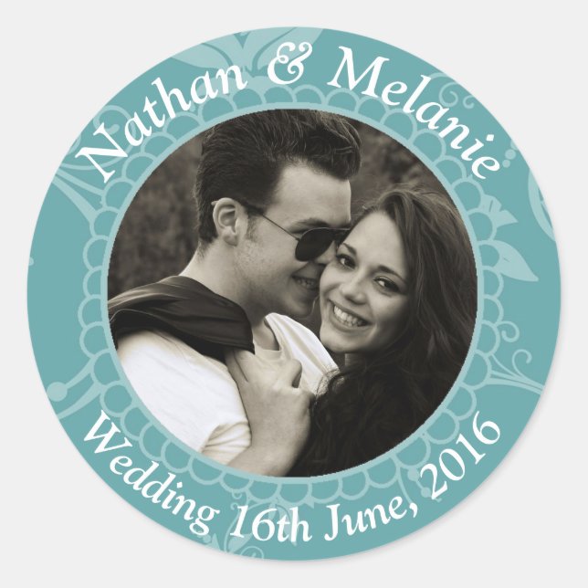 Pegatina Redonda Teal Floral Custom Text (Anverso)