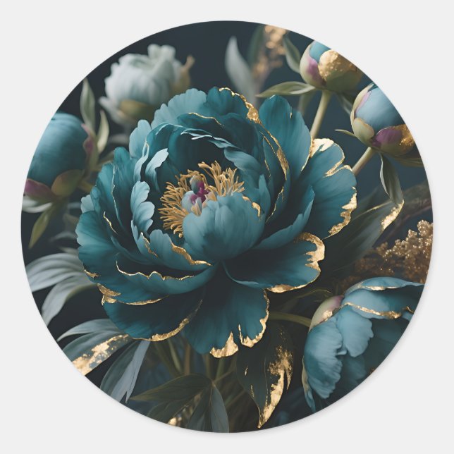 Pegatina Redonda Teal Peony Gold Luxe Botanical Bloom (Anverso)