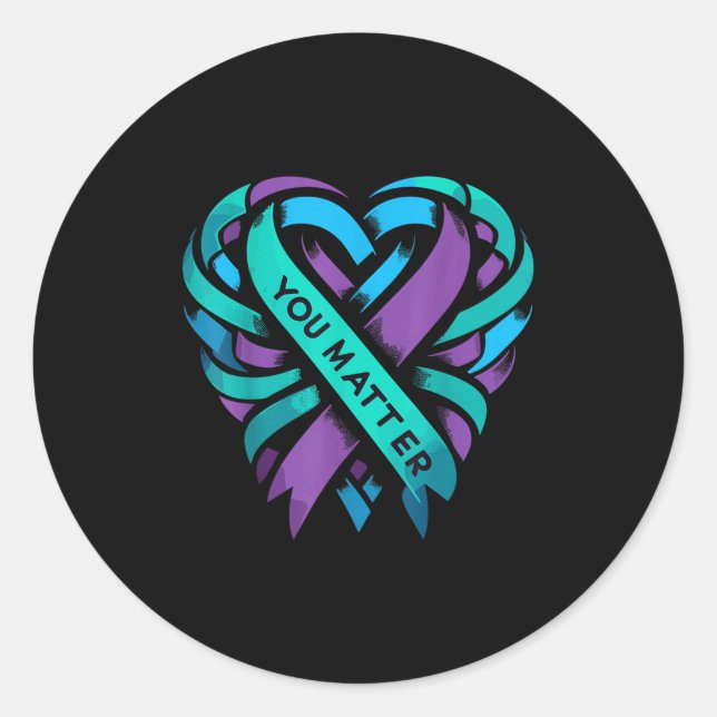 Pegatina Redonda Teal Purple Heart You Suicide Prevention Awareness (Anverso)