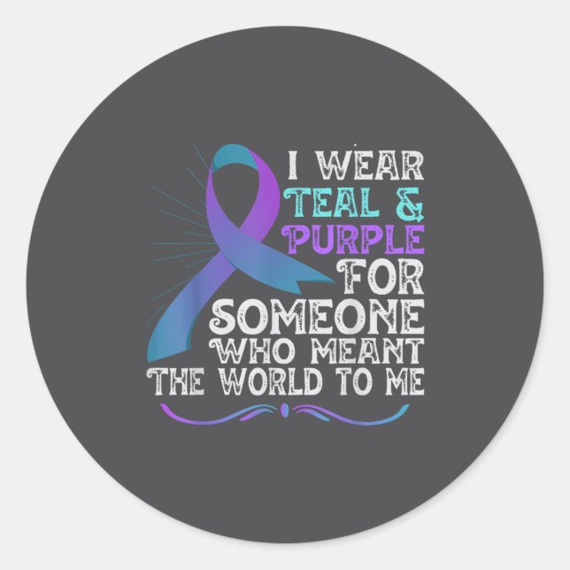 Pegatina Redonda Teal Purple Ribbon For Suicide Prevention Awarenes (Anverso)