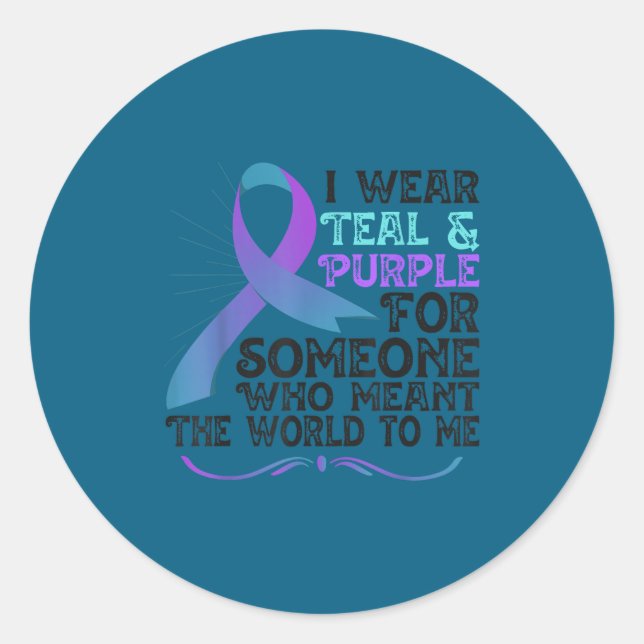 Pegatina Redonda Teal Purple Ribbon For Suicide Prevention Awarenes (Anverso)