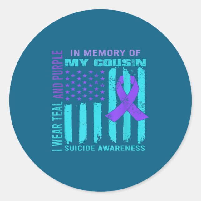 Pegatina Redonda Teal Purple Ribbon Suicide Awareness Flag Cousin B (Anverso)