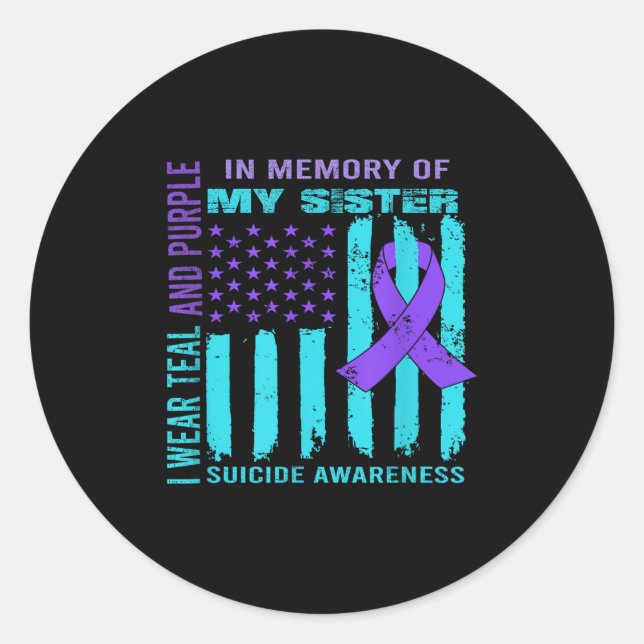 Pegatina Redonda Teal Purple Ribbon Suicide Awareness Flag Sister B (Anverso)