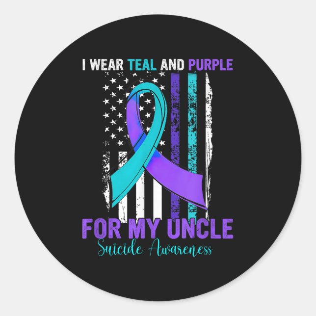Pegatina Redonda Teal Purple Ribbon Suicide Awareness Flag Uncle  (Anverso)