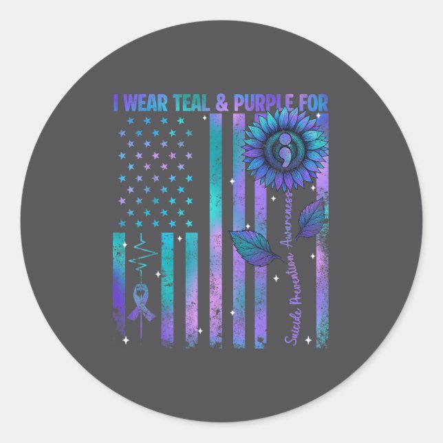 Pegatina Redonda Teal Purple Us Usa Flag Suicide Prevention Awarene (Anverso)