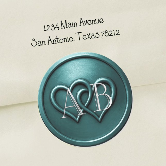 Pegatina Redonda Teal Two Hearts Silver Monogram Wedding (Subido por el creador)
