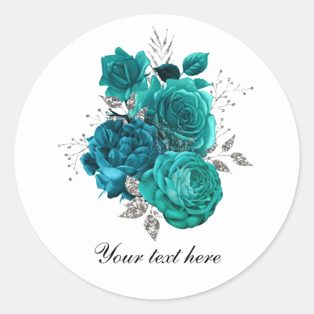Pegatina Redonda Teal WEdding roses customizable (Anverso)