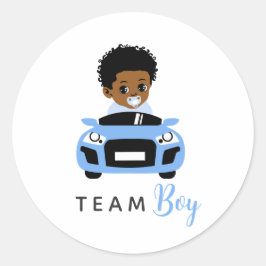 Pegatina Redonda Team Boy Baby in Blue Car Gender Reveal Sticker