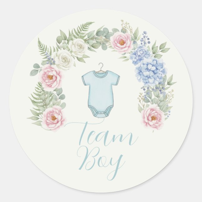 Pegatina Redonda Team Boy Botanical Gender Reveal Sticker (Anverso)