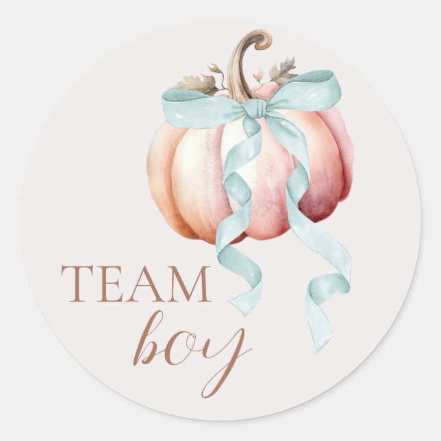 Pegatina Redonda Team Boy Coquette Pumpkin Gender Reveal Sticker (Anverso)
