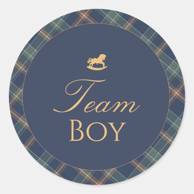 Pegatina Redonda Team Boy Gender Reveal Voting Sticker Navy Plaid (Anverso)