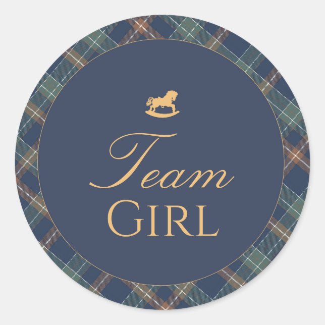 Pegatina Redonda Team Girl Gender Reveal Voting Sticker Navy Plaid (Anverso)
