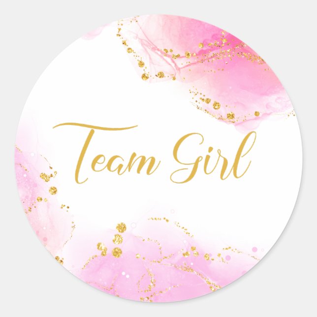 Pegatina Redonda Team girl pink and gold gender reveal sticker (Anverso)