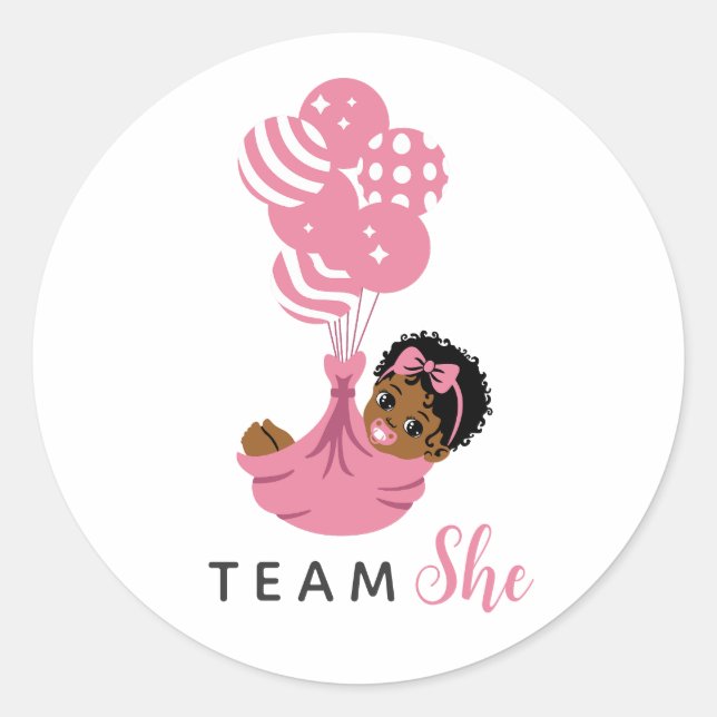Pegatina Redonda Team She Pink Balloon African American Baby Girl (Anverso)