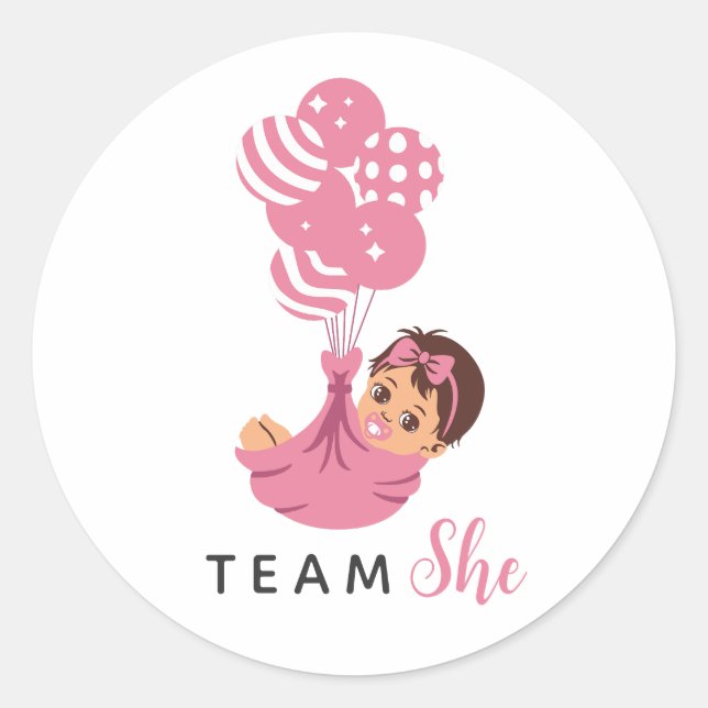 Pegatina Redonda Team She Pink Balloon Baby Girl (Anverso)