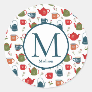 Pegatina Redonda Teapots Mugs Berries Patrón Monograma Navidades Cl