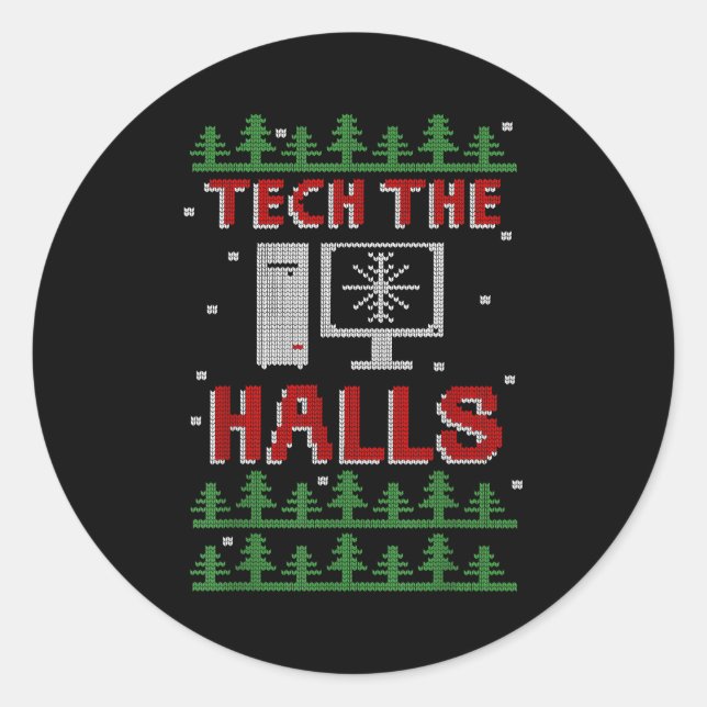 Pegatina Redonda Tech The Halls Ugly Computer Geek Festive Christma (Anverso)