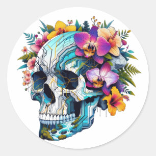 Pegatina Redonda Techno-Bloom Skull