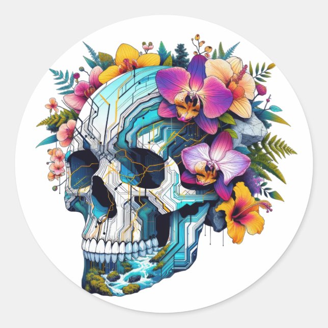 Pegatina Redonda Techno-Bloom Skull (Anverso)