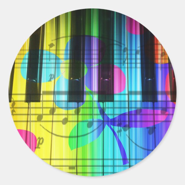 Pegatina Redonda Teclado y flores de piano eléctrico psicodélico (Anverso)