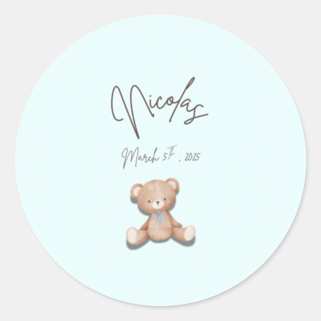 Pegatina Redonda  Teddy Baby Shower Stickers  (Anverso)