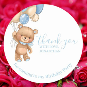 Pegatina Redonda Teddy Balloons Feliz cumpleaños gracias Blue Boy
