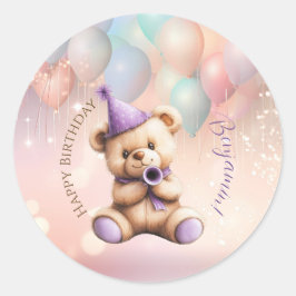 Pegatina Redonda Teddy Bear 1er cumpleaños Globos coloridos
