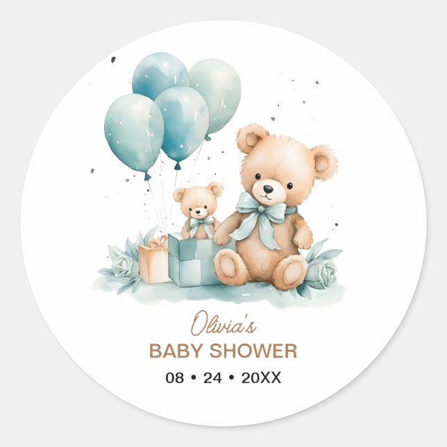 Pegatina Redonda Teddy Bear acuarela Baby Shower (Anverso)