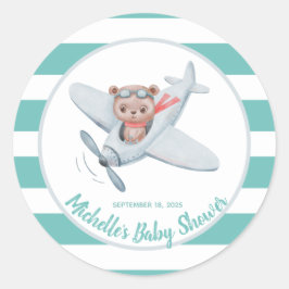 Pegatina Redonda Teddy Bear Airplane Baby Shower Género Neutral  