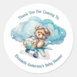 Pegatina Redonda Teddy Bear Airplane Boy Baby Shower