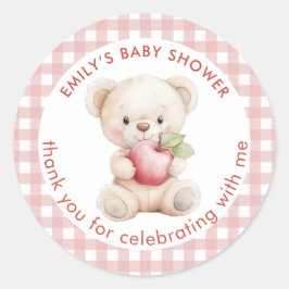 Pegatina Redonda Teddy Bear Apple Gingham Gracias Baby Shower