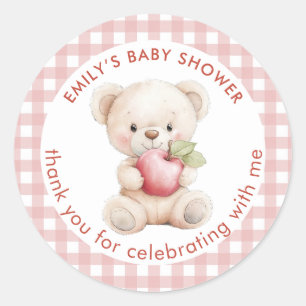 Pegatina Redonda Teddy Bear Apple Gingham Gracias Baby Shower