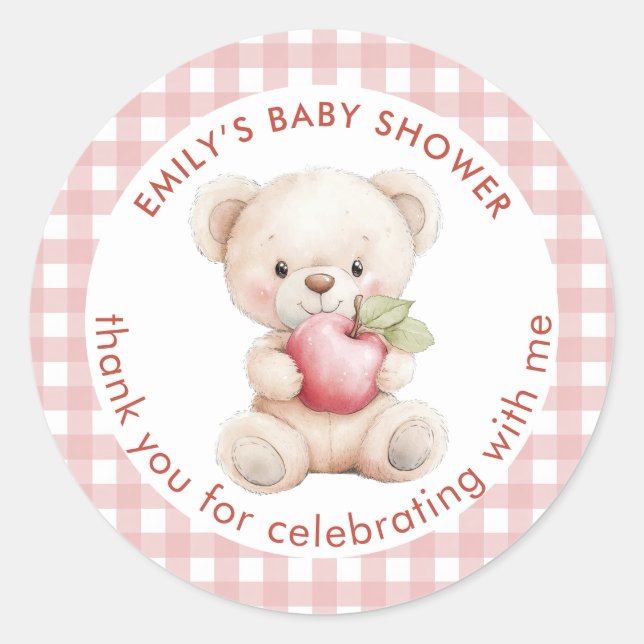 Pegatina Redonda Teddy Bear Apple Gingham Gracias Baby Shower (Anverso)