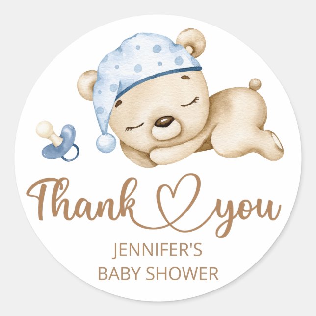 Pegatina Redonda Teddy Bear Baby Boy Baby Shower (Anverso)