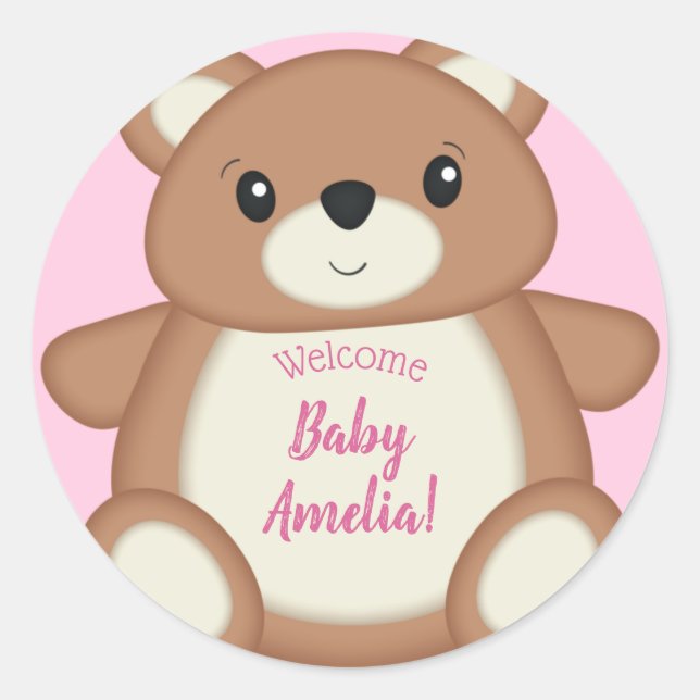 Pegatina Redonda Teddy Bear Baby Shower Chica rosa (Anverso)