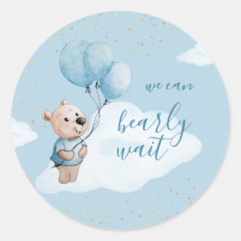 Pegatina Redonda Teddy Bear Baby Shower Gold Blue