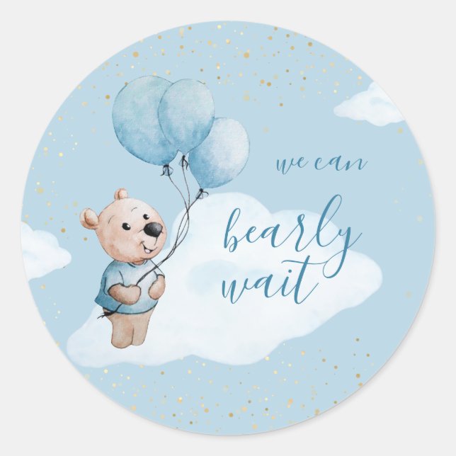 Pegatina Redonda Teddy Bear Baby Shower Gold Blue (Anverso)