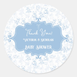 Pegatina Redonda Teddy Bear Baby Shower Toile Blue Gracias
