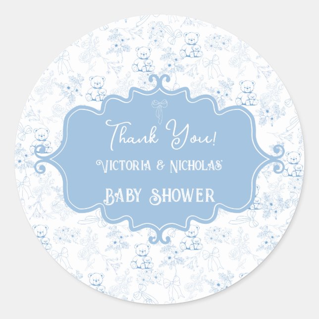 Pegatina Redonda Teddy Bear Baby Shower Toile Blue Gracias (Anverso)