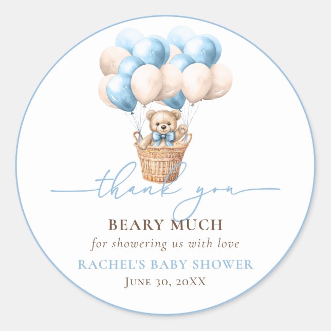 Pegatina Redonda Teddy Bear Balloon Baby Shower Azul Gracias (Anverso)