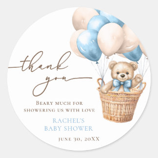 Pegatina Redonda Teddy Bear Balloon Bearly Wait Blue Baby Shower