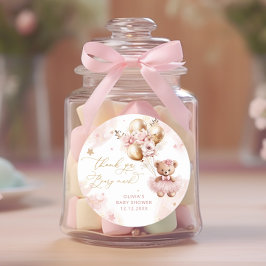 Pegatina Redonda Teddy Bear Balloon Bearly Wait Pink Baby Shower