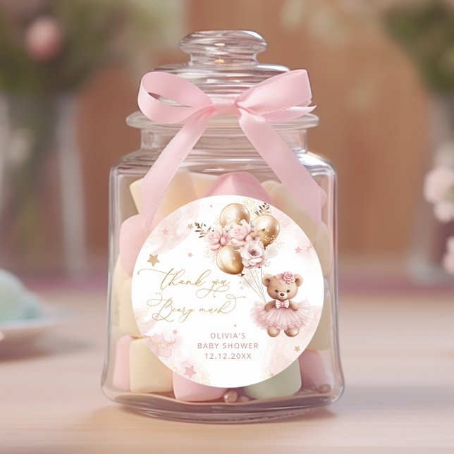 Pegatina Redonda Teddy Bear Balloon Bearly Wait Pink Baby Shower (Subido por el creador)
