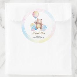 Pegatina Redonda Teddy Bear Balloon Clouds Beary First Birthday