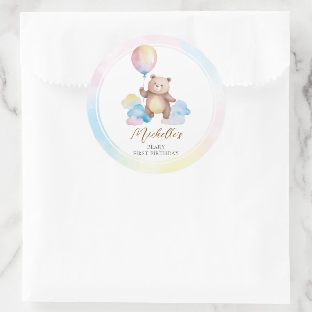 Pegatina Redonda Teddy Bear Balloon Clouds Beary First Birthday (Bolso)