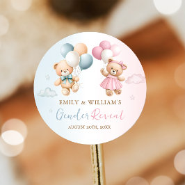 Pegatina Redonda Teddy Bear Balloon Gender Reveal Sticker
