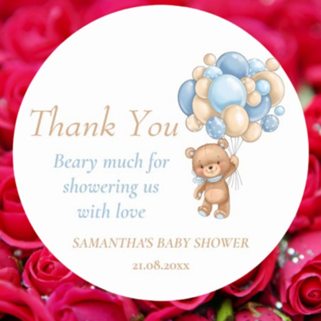 Pegatina Redonda Teddy Bear Balloons Boy Baby Shower Gracias ( these classic round stickers add a heartfelt touch to thank you notes. Celebrate every moment!)