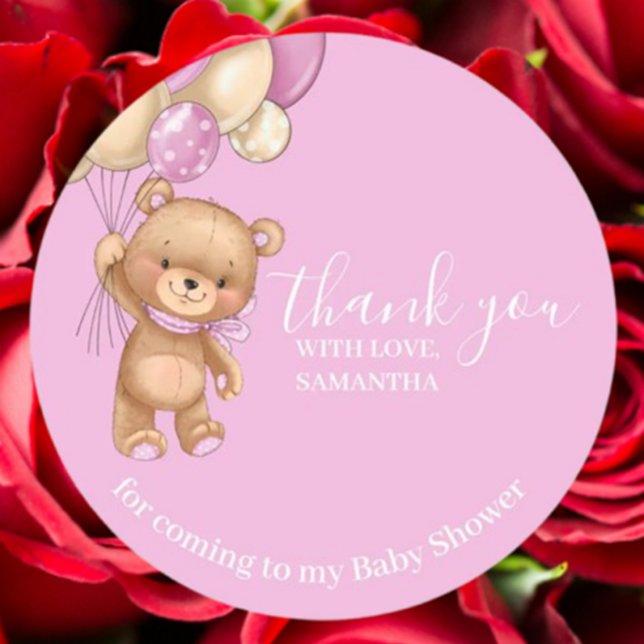 Pegatina Redonda Teddy Bear Balloons PInk Gracias (Express gratitude with our Teddy Bear Balloons Pink Thank You sticker)