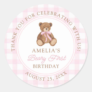 Pegatina Redonda Teddy Bear Beary First 1st Birthday Party